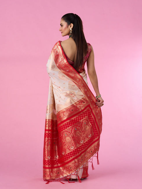 Mohey Elegant Cream Red Saree