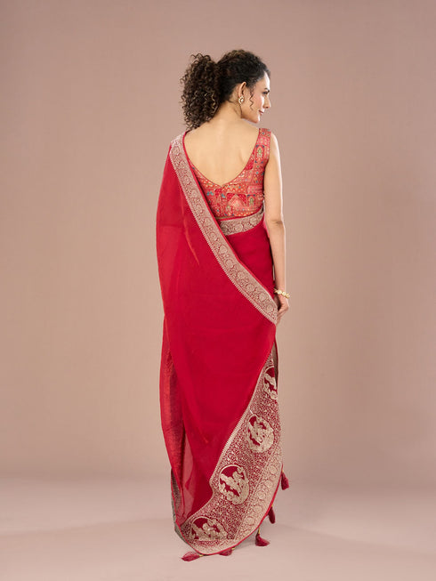Mohey Red Radiance Satin Saree