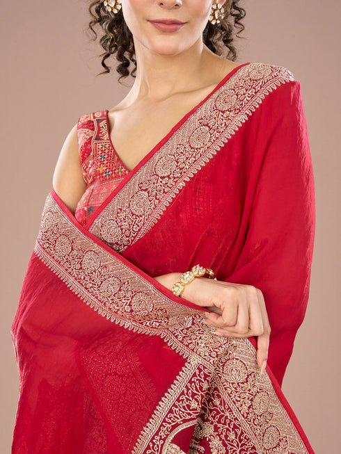 Mohey Red Radiance Satin Saree