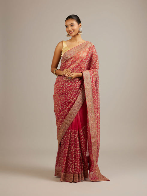 Mohey Rani Pink Floral Vine Embroidered Saree with Rhinestone Work