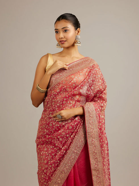 Mohey Rani Pink Floral Vine Embroidered Saree with Rhinestone Work