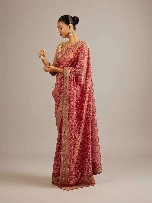 Mohey Rani Pink Floral Vine Embroidered Saree with Rhinestone Work