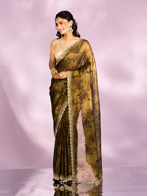 Mohey Majestic Mehandi Green Organza Radiance Saree