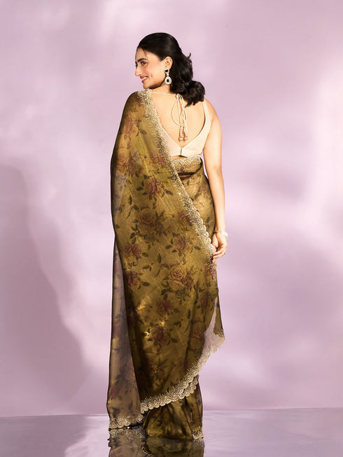 Mohey Majestic Mehandi Green Organza Radiance Saree