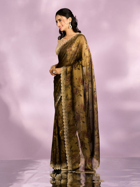 Mohey Majestic Mehandi Green Organza Radiance Saree