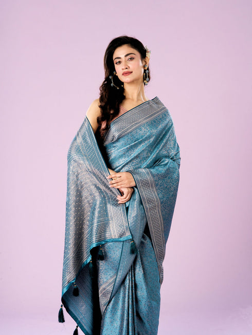 Mohey Elegant Blue Silk Crepe Saree