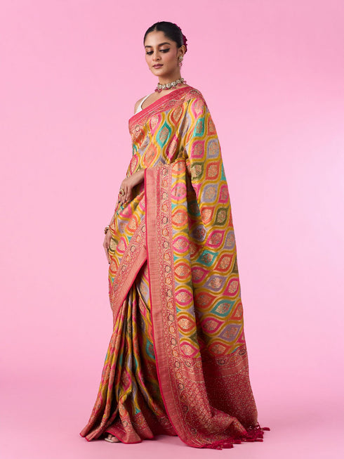 Mohey Radiant Mustard Yellow Satin Banarasi Saree