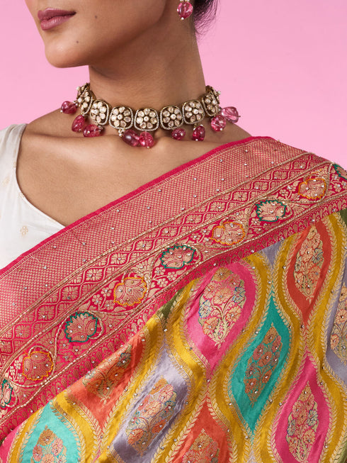 Mohey Radiant Mustard Yellow Satin Banarasi Saree