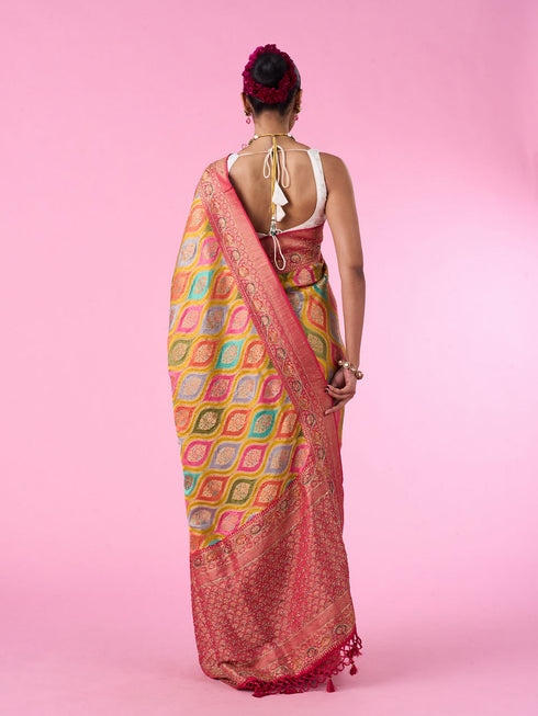 Mohey Radiant Mustard Yellow Satin Banarasi Saree