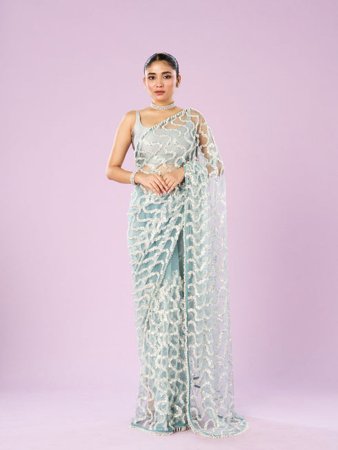 Mohey Ethereal Blue Net Saree