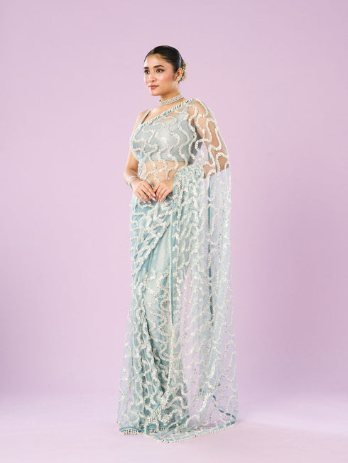 Mohey Ethereal Blue Net Saree