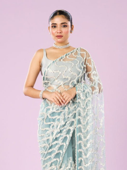 Mohey Ethereal Blue Net Saree
