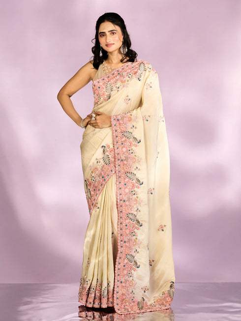 Mohey Enthralling Cream Organza Saree