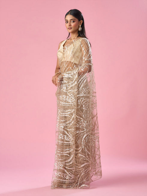 Mohey Beige Net Saree with Moti and Sequin Work