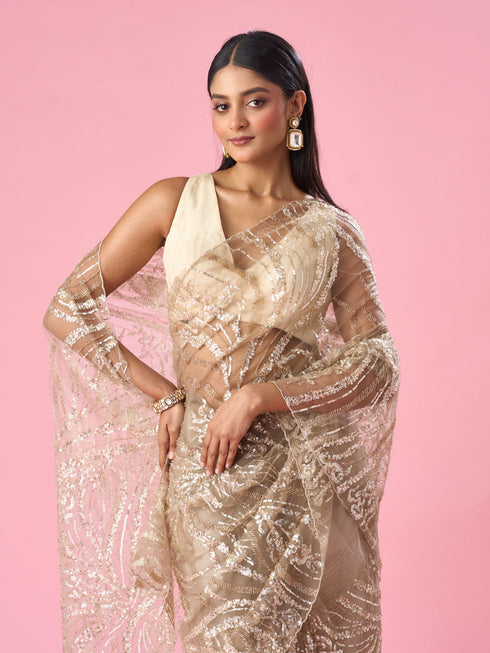 Mohey Beige Net Saree with Moti and Sequin Work