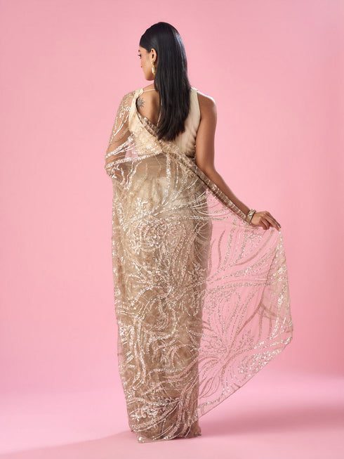 Mohey Beige Net Saree with Moti and Sequin Work
