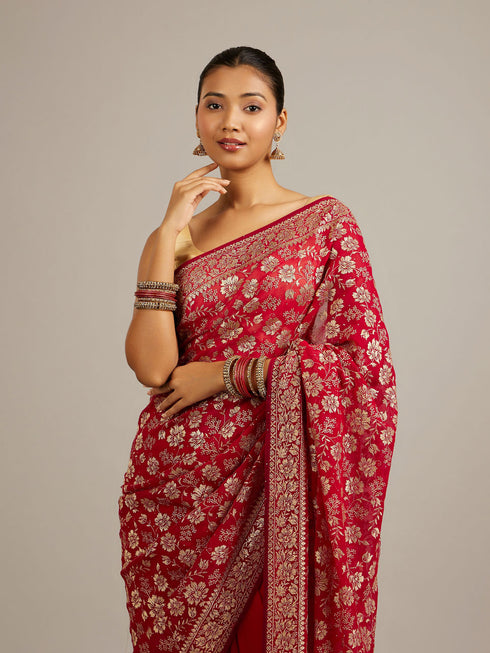 Mohey Rani Red Floral Jaal Patterned Saree with Bel Buti Borders