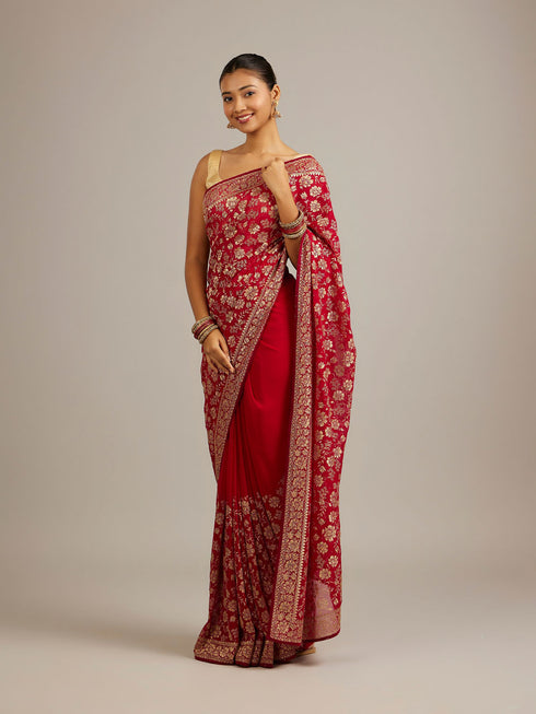 Mohey Rani Red Floral Jaal Patterned Saree with Bel Buti Borders