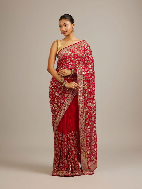 Mohey Rani Red Floral Jaal Patterned Saree with Bel Buti Borders