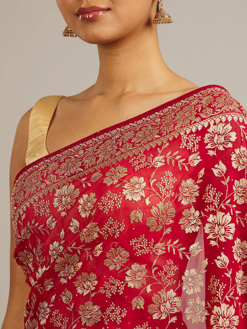 Mohey Rani Red Floral Jaal Patterned Saree with Bel Buti Borders
