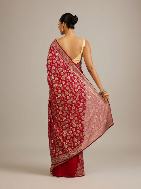 Mohey Rani Red Floral Jaal Patterned Saree with Bel Buti Borders