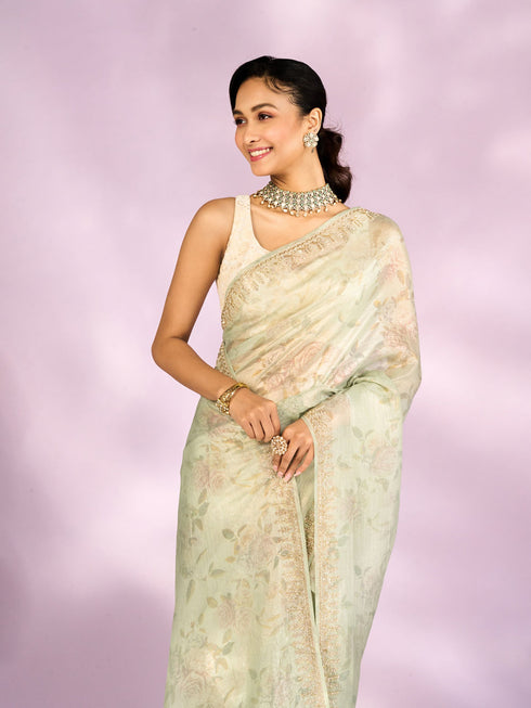 Mohey Pista Green Organza Saree