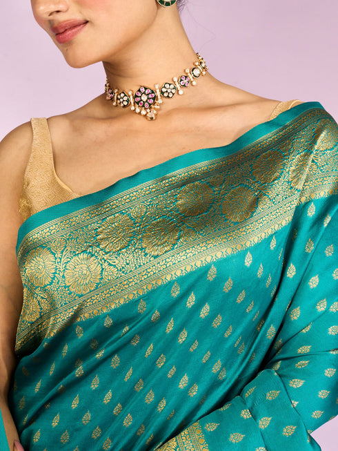 Mohey Gleaming Rama Green Silk Saree