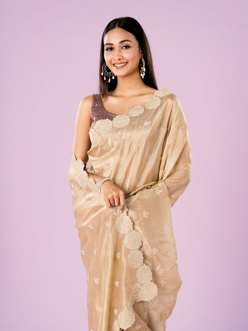 Mohey Fawn Chinon Elegance Saree