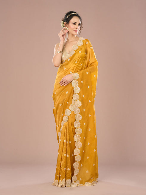 Mohey Radiant Mustard Yellow Chinon Saree