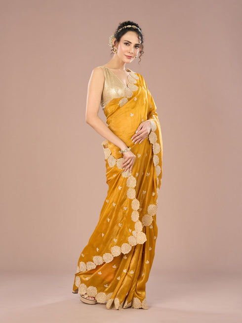 Mohey Radiant Mustard Yellow Chinon Saree