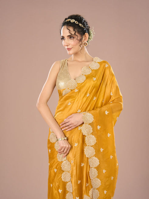 Mohey Radiant Mustard Yellow Chinon Saree