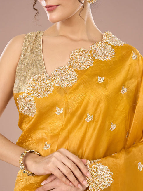 Mohey Radiant Mustard Yellow Chinon Saree