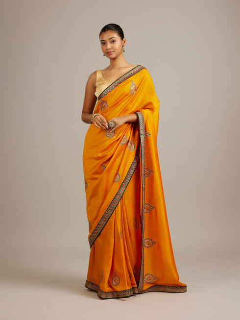 Mohey Mustard Yellow Buta Embroidered Saree with Intricate Borders And Rhinestone Work