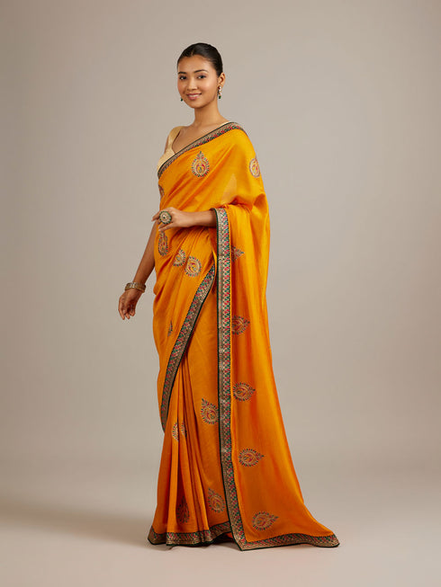 Mohey Mustard Yellow Buta Embroidered Saree with Intricate Borders And Rhinestone Work