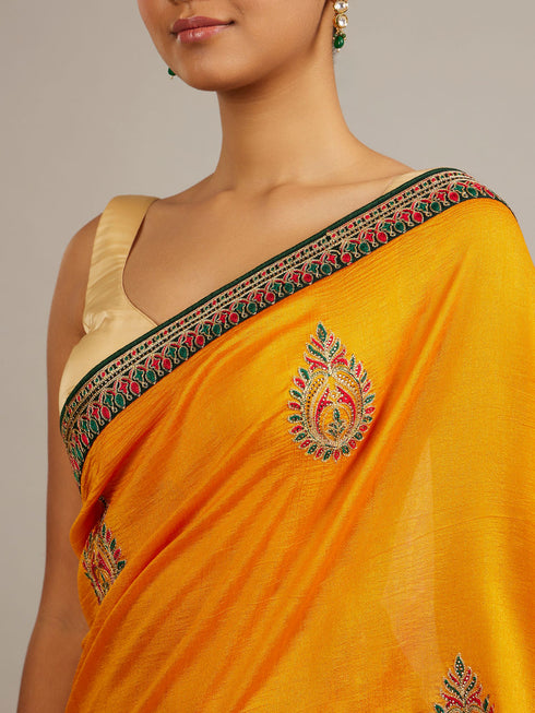 Mohey Mustard Yellow Buta Embroidered Saree with Intricate Borders And Rhinestone Work