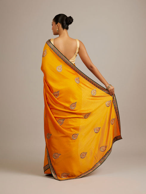 Mohey Mustard Yellow Buta Embroidered Saree with Intricate Borders And Rhinestone Work