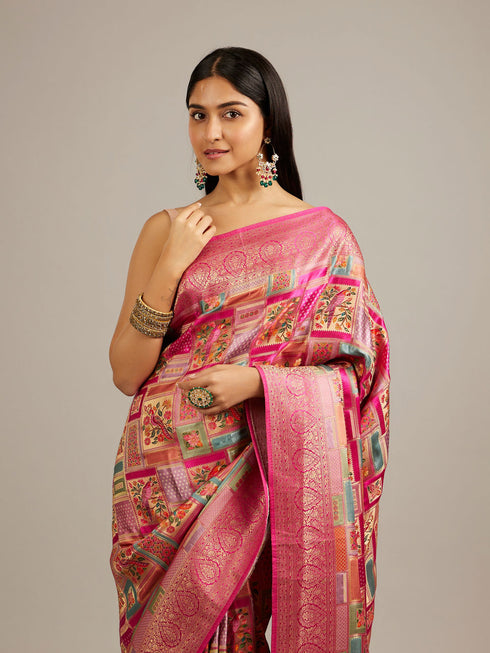 Mohey Rani Pink Grid Patterned Saree with Peacock Motifs