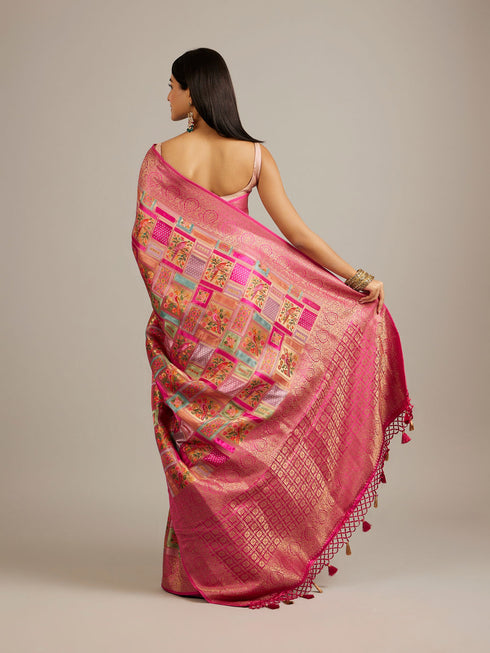 Mohey Rani Pink Grid Patterned Saree with Peacock Motifs