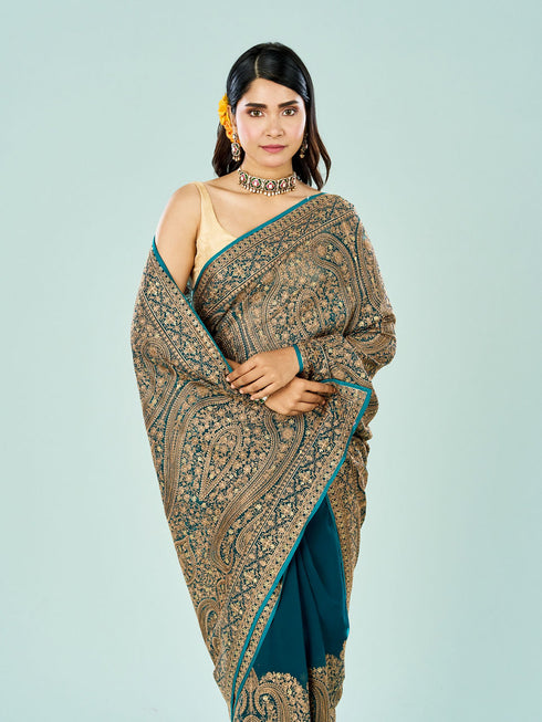 Mohey Elegant Rama Green Georgette Saree