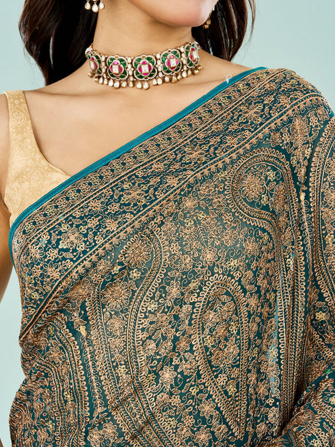 Mohey Elegant Rama Green Georgette Saree