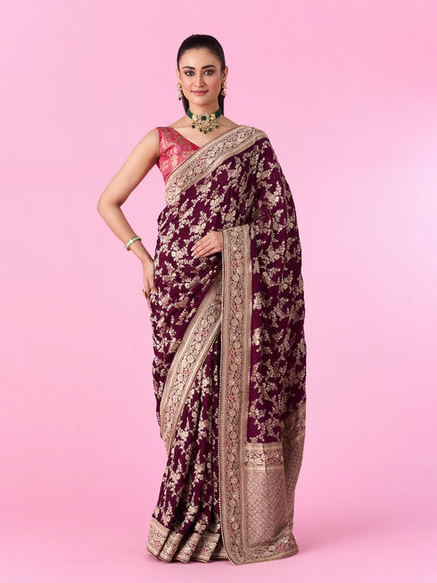 Mohey Enchanting Wine Silk Bridal Saree
