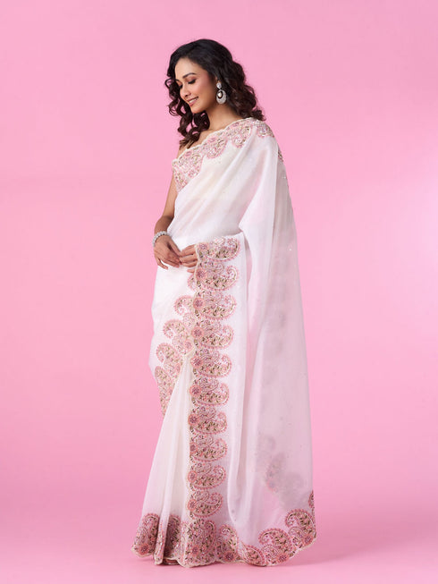 Mohey Elegant Cream Chinon Saree