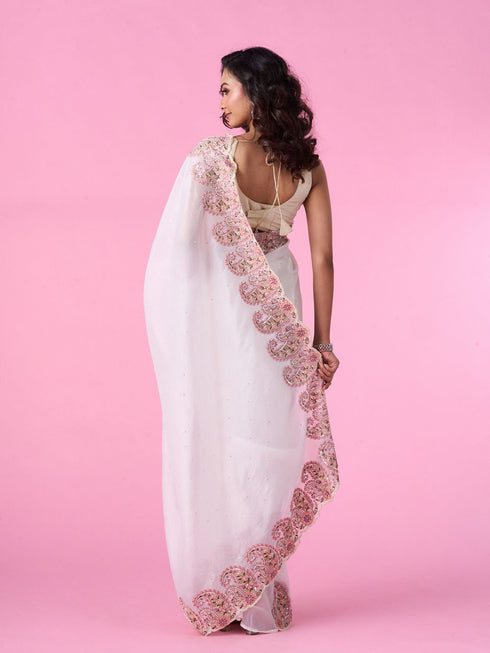Mohey Elegant Cream Chinon Saree