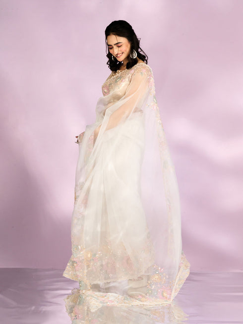 Mohey Gleaming White Organza Saree