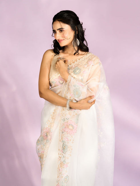 Mohey Gleaming White Organza Saree