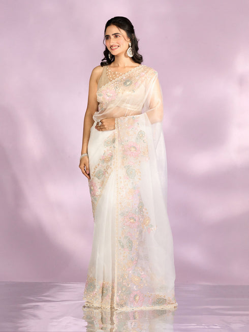 Mohey Gleaming White Organza Saree