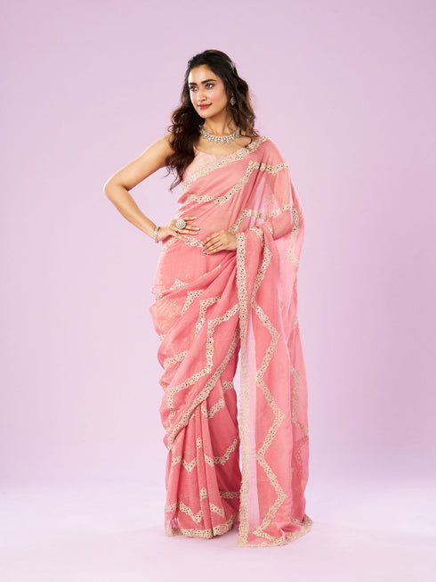 Mohey Charming Pink Chinon Saree