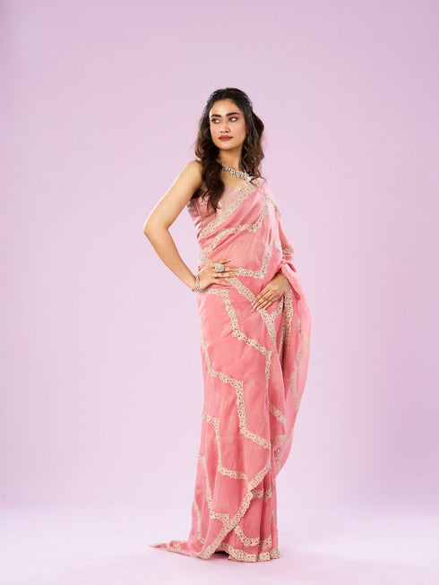 Mohey Charming Pink Chinon Saree