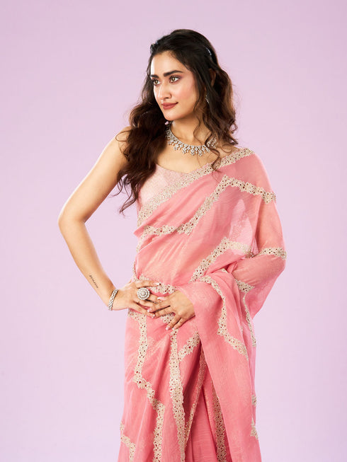 Mohey Charming Pink Chinon Saree