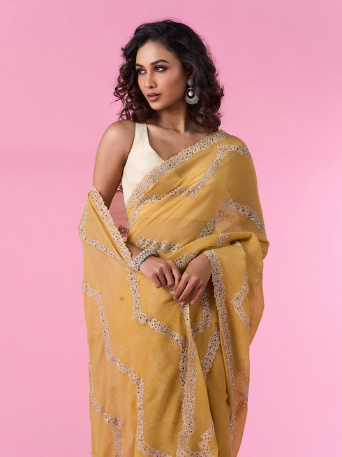 Mohey Ravishing Yellow Chinon Saree
